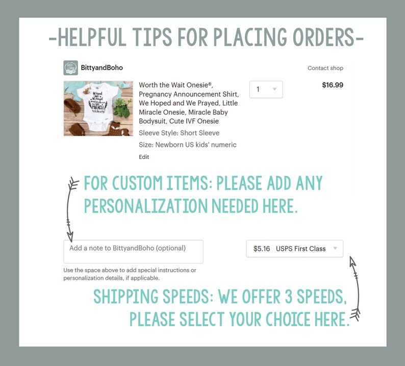 May include: Image of a white baby onesie with the text "Worth the Wait Onesie&reg;" and other related phrases. The image also includes instructions for custom orders and shipping options.