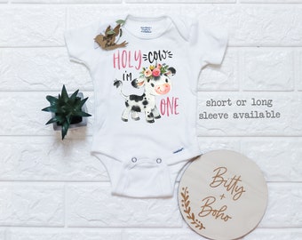 First Birthday Girl, Holy Cow I'm One Onesie®, Farm Birthday Shirt, One Shirt, Birthday Outfit Girl, Floral Cow Baby Bodysuit, Cow Birthday