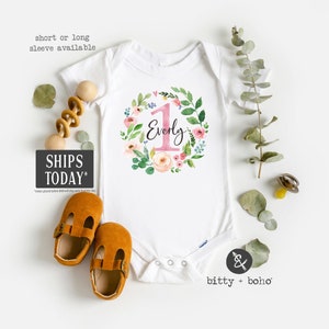 Traje de primer cumpleaños personalizado para niña, body para bebé, mono de cumpleaños personalizado®, mono, body para primer cumpleaños, camiseta floral de cumpleaños