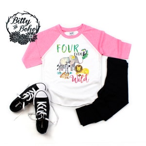 Fourth Birthday Shirt, Four Ever Wild Shirt, Zoo Birthday Shirt, Fourth Birthday Outfit Girl, 4th Birthday Outfit,Four Years Old,Pink Raglan