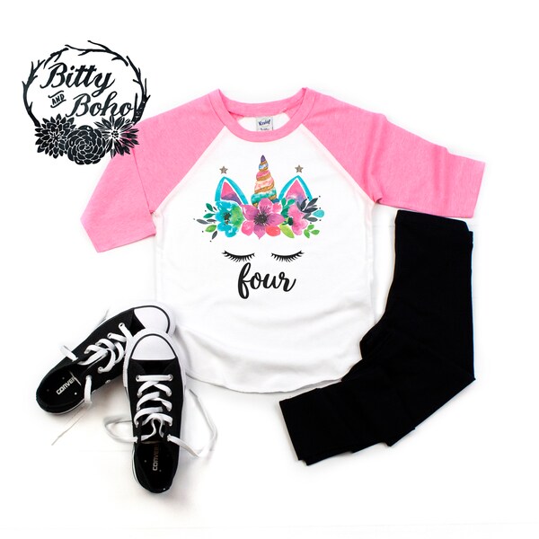 Fourth Birthday Shirt, Four Shirt, Floral Unicorn Birthday, Fourth Birthday Outfit Girl, 4th Birthday Outfit, Four Years Old,Pink Shirt,