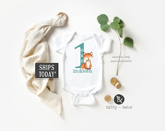 Erster Geburtstag Junge, Benutzerdefinierte Geburtstag Onesie®, Woodland Geburtstag Shirt, Benutzerdefinierte erster Geburtstag Outfit Junge, Woodland Fox Geburtstagsfeier ein Shirt