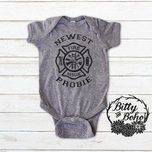 Newest Probie Baby Bodysuit, Firefighter Baby Bodysuit, My Dad is a Fireman Baby Bodysuit, Newborn Baby Take Home Outfit, Gray Baby Bodysuit