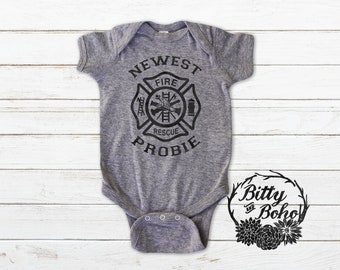 Newest Probie Baby Bodysuit, Firefighter Baby Bodysuit, My Dad is a Fireman Baby Bodysuit, Newborn Baby Take Home Outfit, Gray Baby Bodysuit