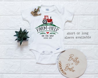 Farm Help on the Way Onesie®, Farm Onesie, Pregnancy Reveal Onesie, Pregnancy Announcement Photo, Country Baby Onesie, Pregnancy Reveal