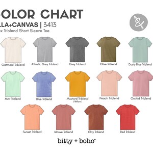 K&ouml;nnte beinhalten: Farbkarte mit Bella+Canvas Unisex Triblend Kurzarm-T-Shirts in verschiedenen Farben, darunter Oatmeal, Athletic Grey, Grey, Olive, Dusty Blue, Mint, Blue, Mustard, Peach, Orchid, Sunset, Mauve, Clay und Red.