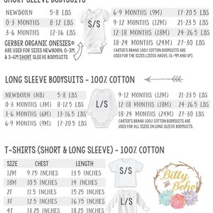 May include: A size chart for bodysuits and t-shirts featuring weight ranges in pounds for infants and chest and length measurements in inches for toddlers. The chart includes illustrations of short and long sleeve garments and brand notes.