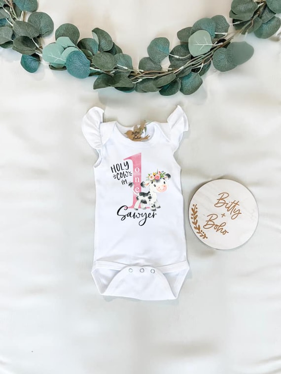 Holy Cow I'm One Baby Bodysuit, Custom Birthday Shirt, Farm Birthday Shirt, Custom First Birthday Outfit Girl,Floral Cow Flutter Sleeve Tee