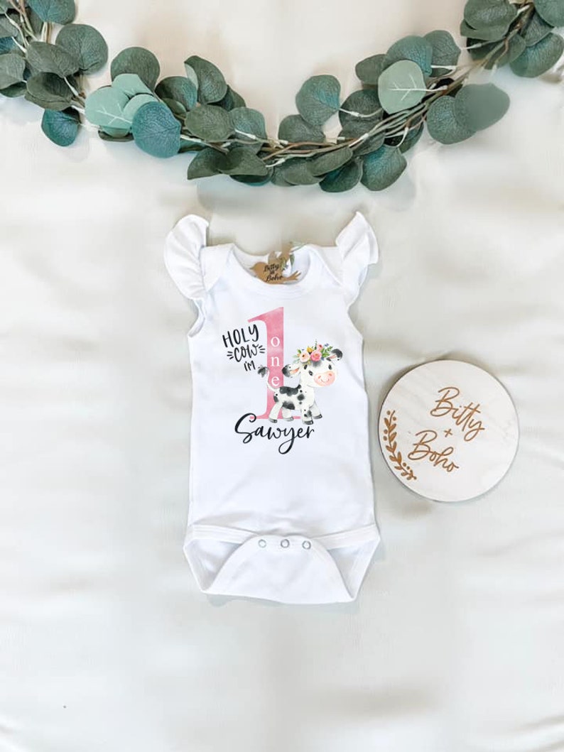 Holy Cow I'm One Baby Bodysuit, Custom Birthday Shirt, Farm Birthday Shirt, Custom First Birthday Outfit Girl,Floral Cow Flutter Sleeve Tee image 1