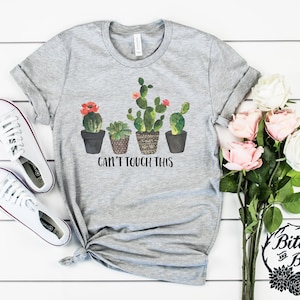 Women's Cactus Graphic T-Shirt - Retro Vintage Short Sleeve Tee, Cant Touch This Design, Grey - View #11