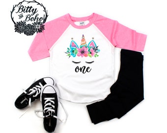Unicorn Birthday Shirt, One Shirt, One Unicorn Shirt, First Birthday Outfit Girl, 1st Birthday Outfit, Floral Unicorn Head,One Year Old,Pink