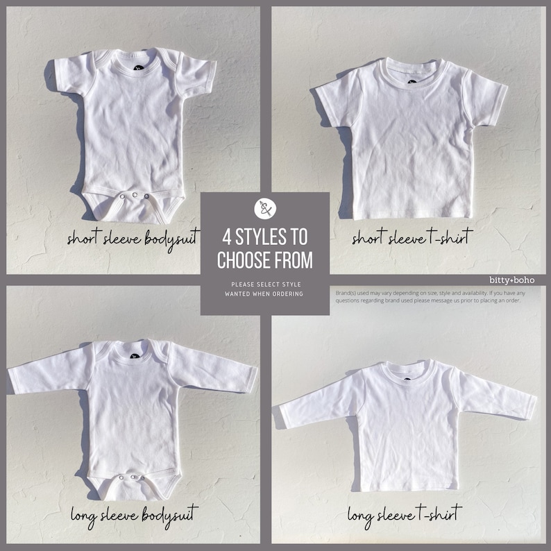 Puede incluir: Cuatro prendas blancas mostradas en una cuadr&iacute;cula: un body de manga corta, una camiseta de manga corta, un body de manga larga y una camiseta de manga larga. El texto central dice 4 STYLES TO CHOOSE FROM, PLEASE SELECT STYLE WANTED WHEN ORDERING y bitty+boho.