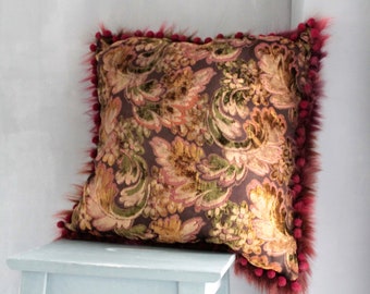 Large Square Cushion 55 x 55 cm Upholstery Fabric and Fur, Upholstery, Bohemian Chic Pillow, COUS171310