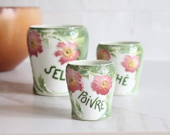 Antique slip spice jars, without lid, late 19th century, with pink and green floral motifs, 4907