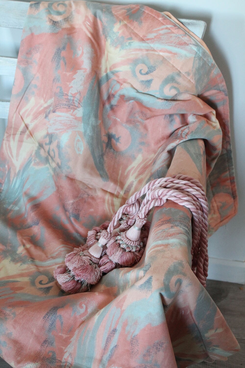 2 Paires de Rideaux Vintage Roses et Bleus en Tissu d'ameublement, Doublés, Rose Poudré, Gris Bleuté