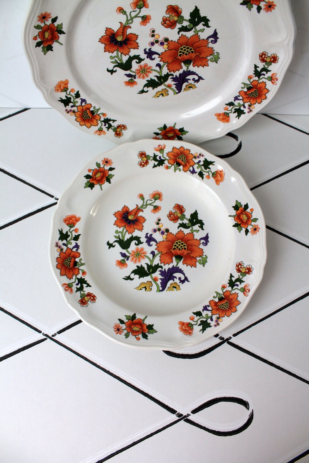 8 Assiettes de Table Françaises Vintage Orange, Assiette Moulin Des Loups, Assiettes Fleurs Orange, 