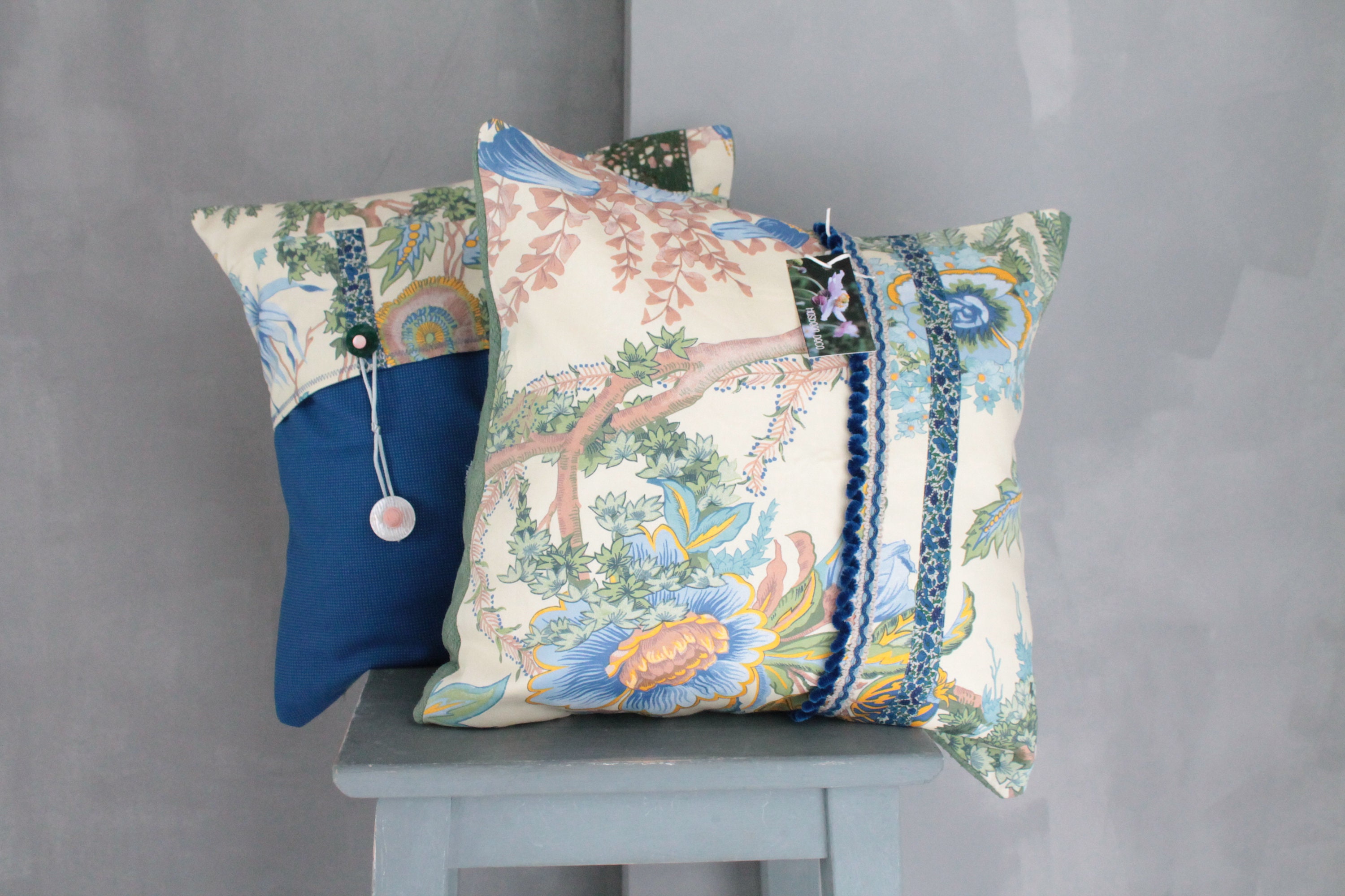 2 Housses de Coussin à Décor Floral, Urge Tissu, Fabriqué en France, Cadeau Pour Elle, Bleu et Vert,