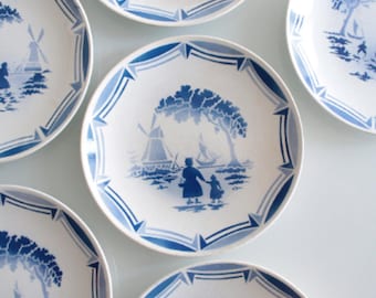 Set of 6 Antique French Dessert Plates – Moulin des Loups Orchies, 1930s Polders Pattern, Stenciled Dutch Landscape, Art Deco