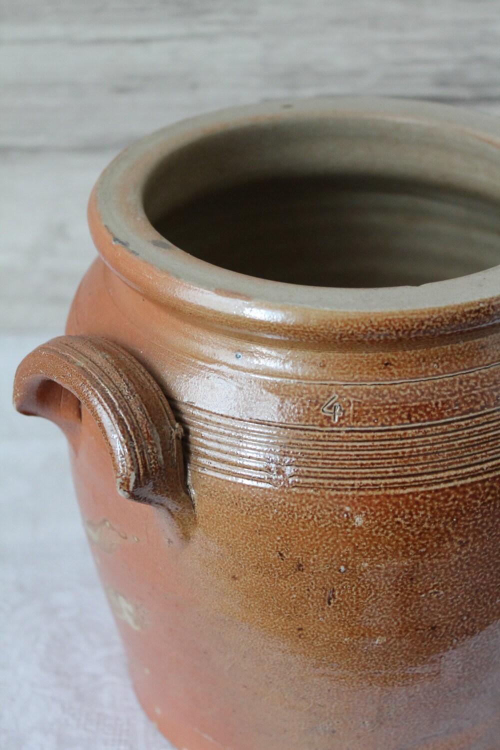 Jarre Ancienne en Grès Vernissé à Oreilles - Vers 1930 Pot Confit Décor Rustique de Cuisine Cache Po