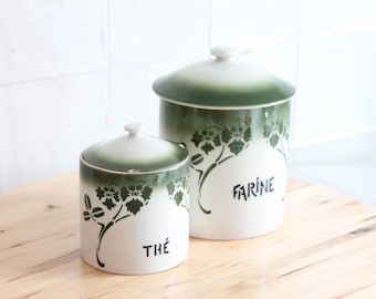 Antique French stenciled earthenware pots, late 19th century, rustic kitchen, housewarming gift for her, antique kitchen decor, green