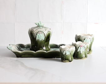 Rare French Barbotine Set – Early 1900s – Holly Leaf Pattern – 5-Piece Antique Ceramic Set