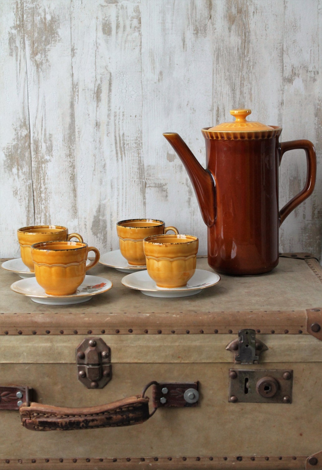 Service à Café, 1 Théière Sarreguemines + 4 Tasses Pagnossin Sous Vintage Porcelaine/Céramique de Qu