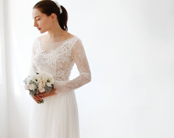 Simple Chiffon White Lace Long Sleeve Wedding Dress