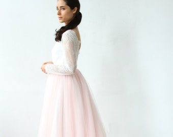 Light Candy Pink Long Sleeve Lace V Back Wedding Dress