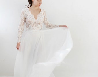 Long Sleeve Floral Lace Flowy Organza Skirt A-line Wedding Dress