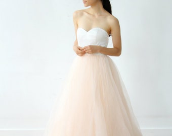 Peach Blush Organza Strapless Dress with Beaded Belt