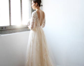 Light Creamy Champagne Long Sleeve Deep V Lace Wedding Dress