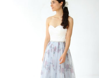 Floral Print Tulle A-line Wedding Dress with Belt