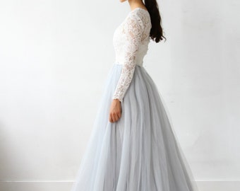 Long Sleeve Lace Dusty Blue Gray Wedding Dress
