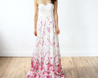 Floral Satin Strapless A-line Wedding Dress