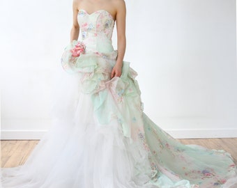 SAMPLE SALE Victorian Floral Chiffon Draped Tulle Wedding Dress