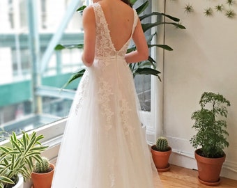 White Deep V Back Lace Wedding Dress