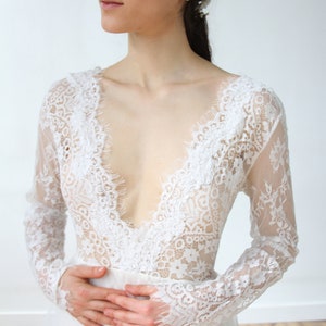 Deep V Long Sleeve Creamy Champagne Wedding Dress image 5