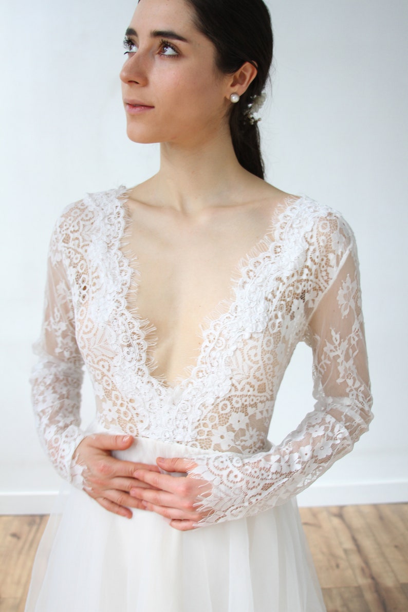 Deep V Long Sleeve Creamy Champagne Wedding Dress image 5