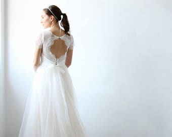 Cream Ivory Keyhole Open Back Lace Wedding Dress