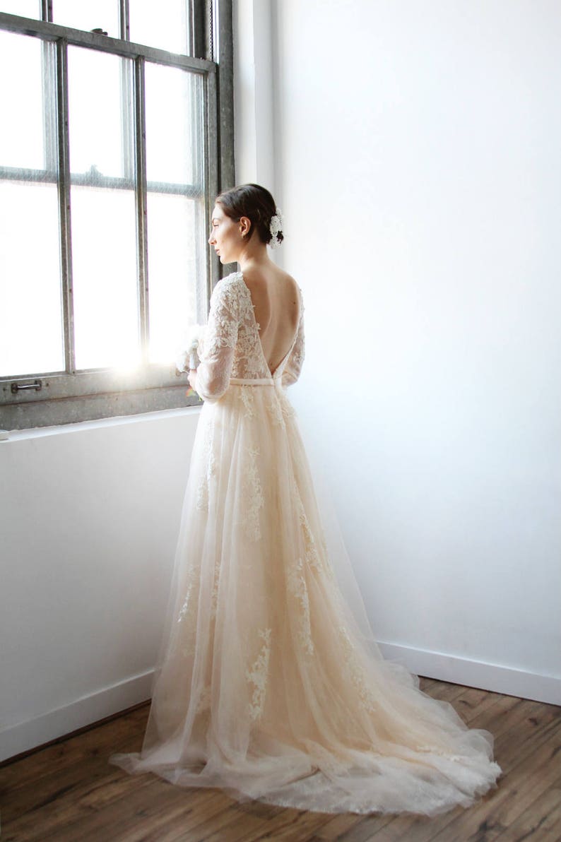 Light Creamy Champagne Long Sleeve Deep V Lace Wedding Dress | Etsy