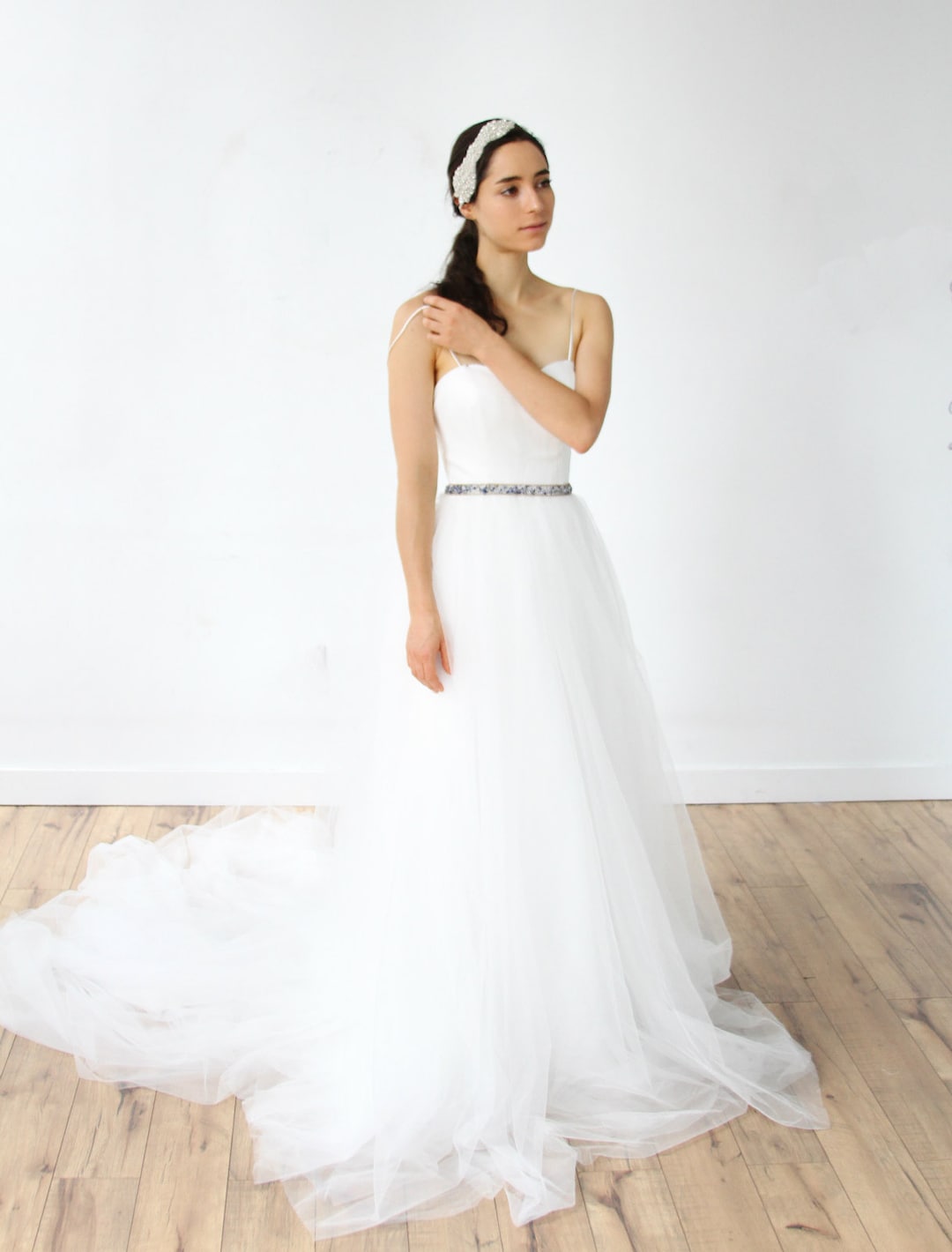 Simple Spaghetti Straps Wedding Dress With Beaded Belt - Etsy