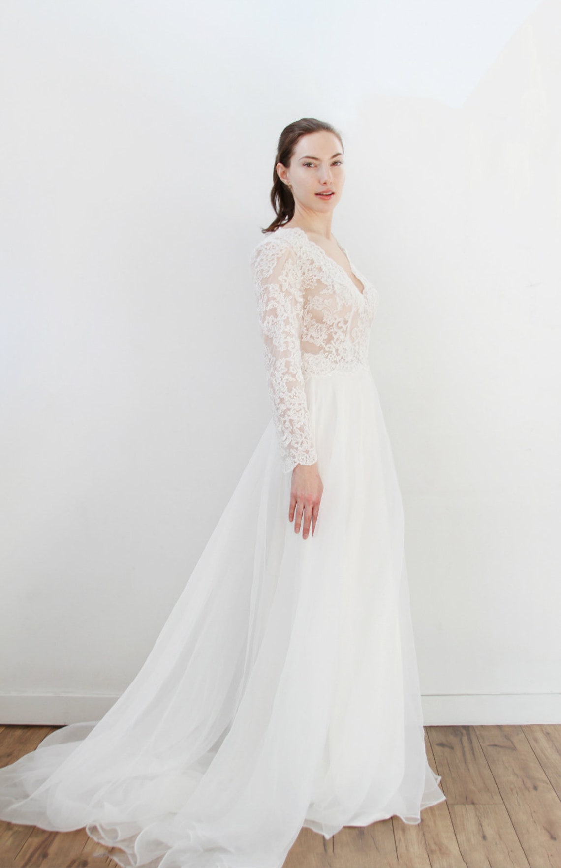 Long Sleeve Floral Lace Flowy Organza Skirt A-line Wedding - Etsy UK