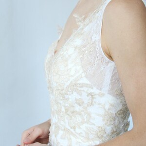 Gold Lace V Neck Fitted A-line Wedding Dress image 5
