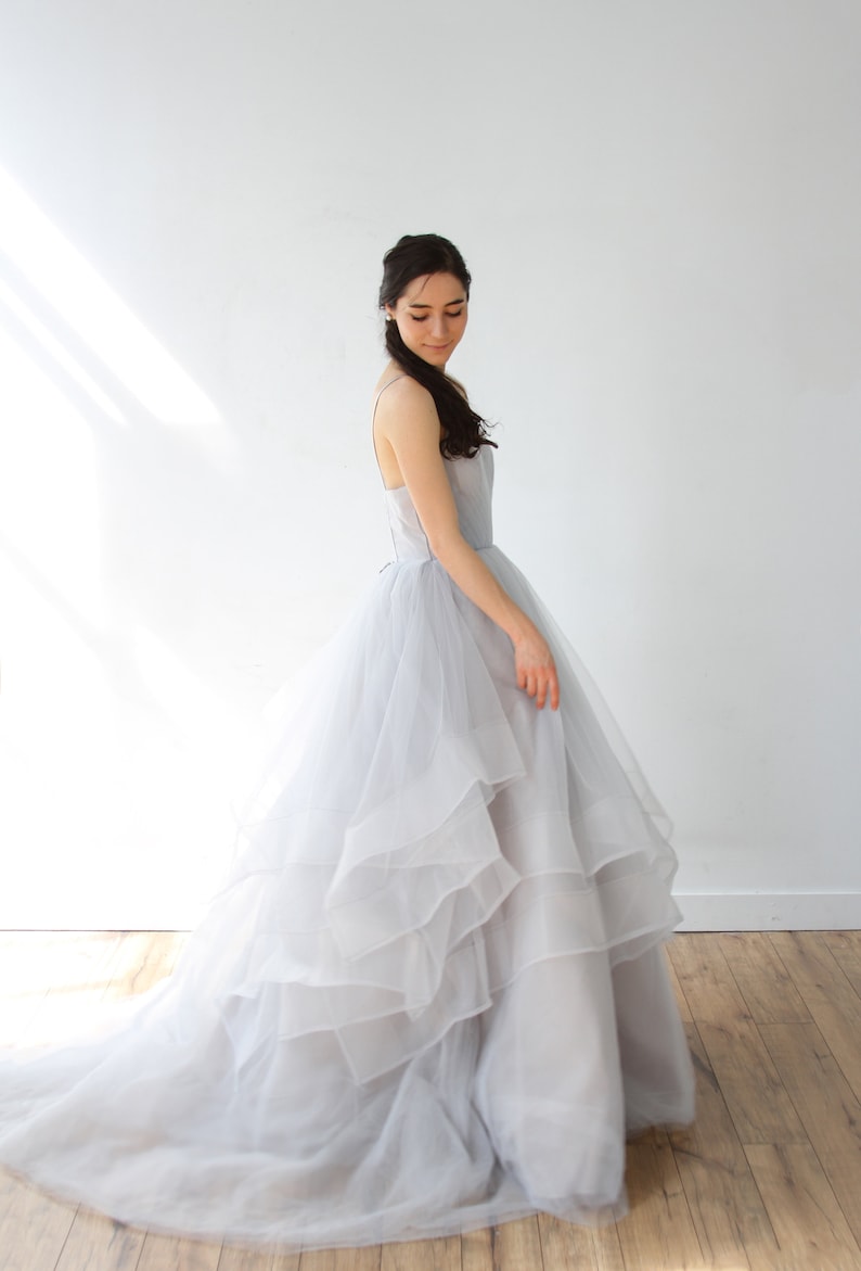 Gray Tulle Layered Horsehair Hem Wedding Dress image 1