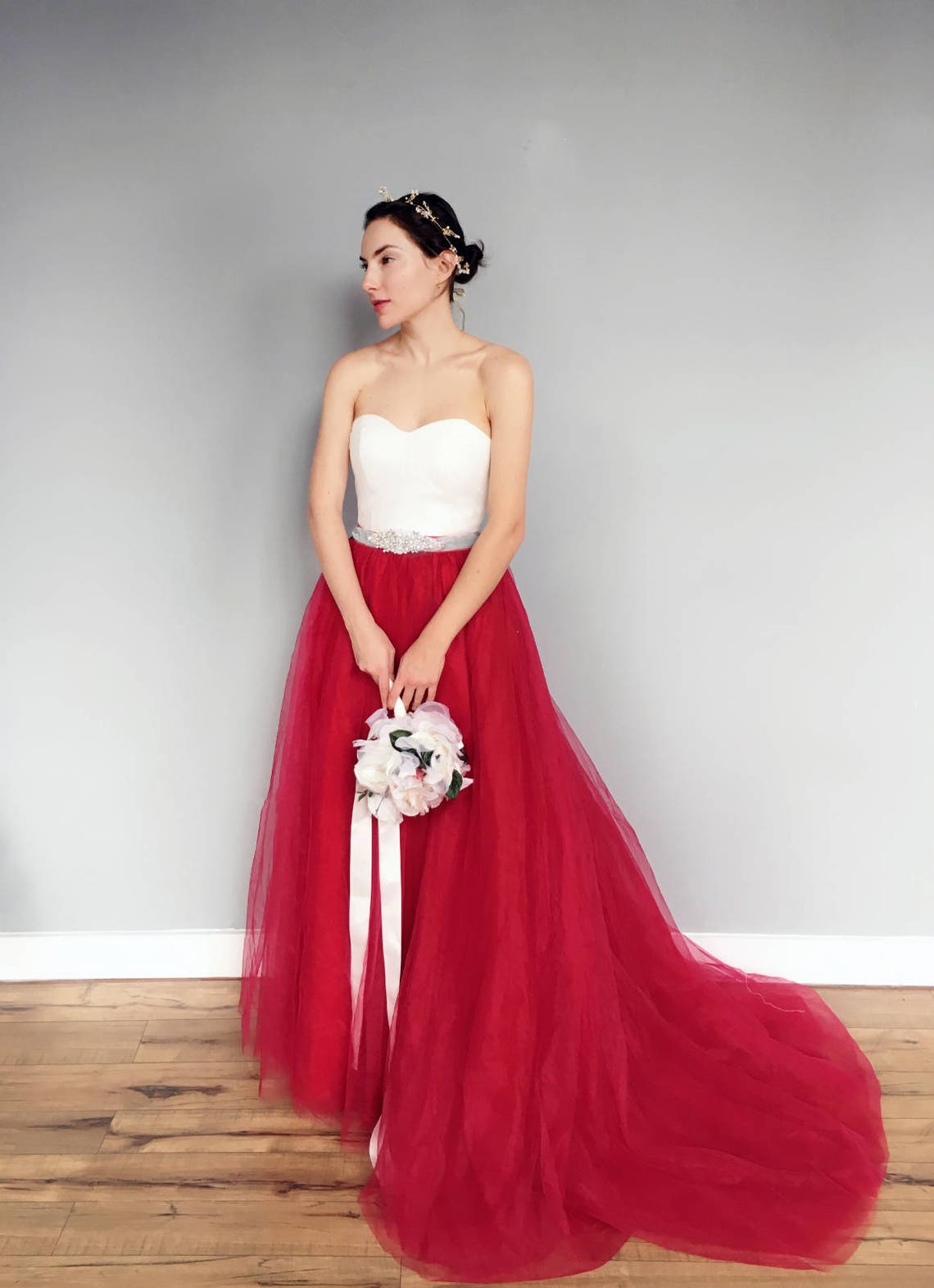 White and Red with Gray Strapless Sweetheart Wedding Dress image 2