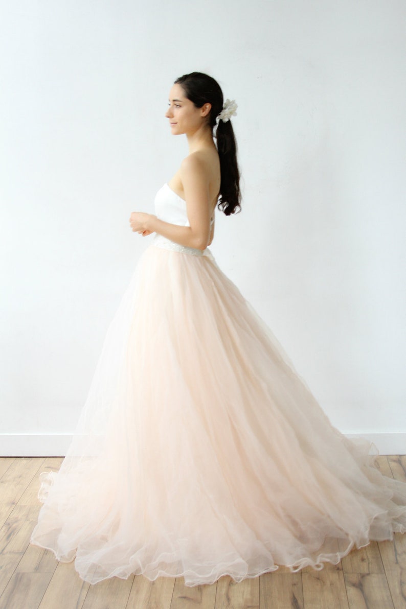 Farica Peach Pink Floral Organza Strapless Mini Dress