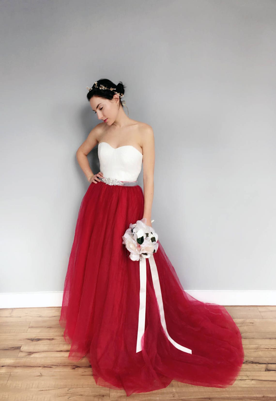 White and Red with Gray Strapless Sweetheart Wedding Dress image 1