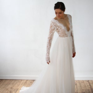 Deep V Long Sleeve Creamy Champagne Wedding Dress image 3