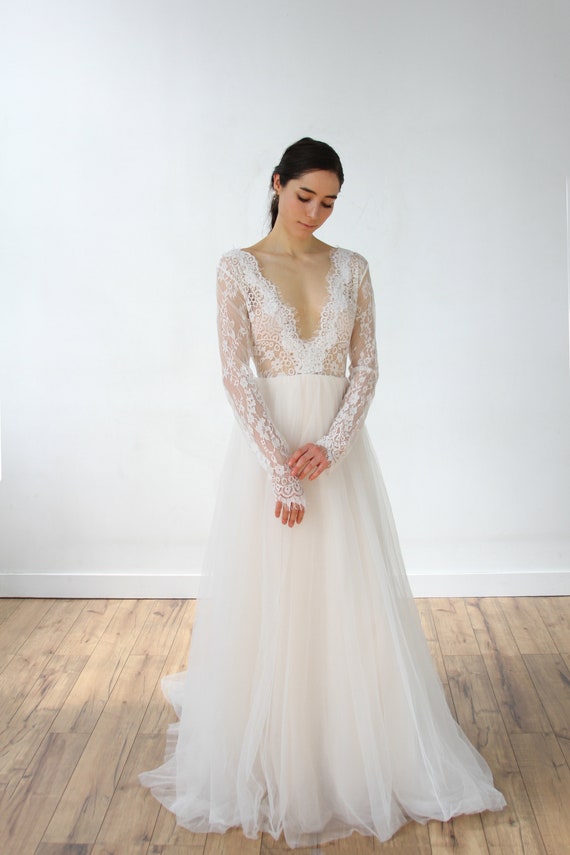 Champagne wedding dress long sleeve best sale