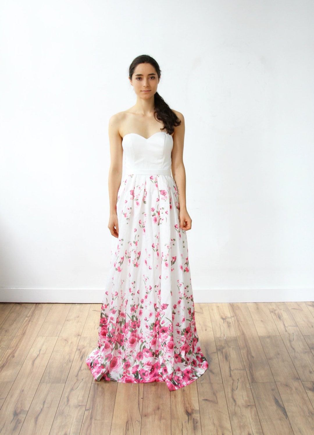 Elegant A Line Strapless Satin Sequin Flower Long Wedding Dresses main image 0